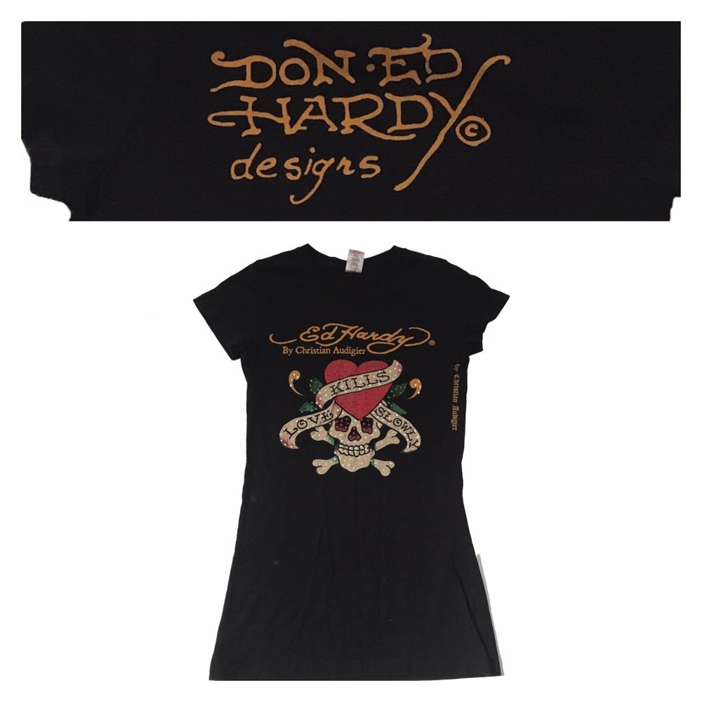 Vintage Don Ed Hardy by Christian Audigier T-Shirt XS Black Shirt Sleeve Tee
